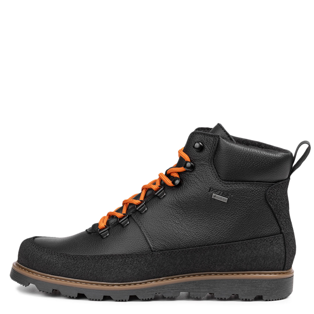 Black hiking boot with orange laces on a white background