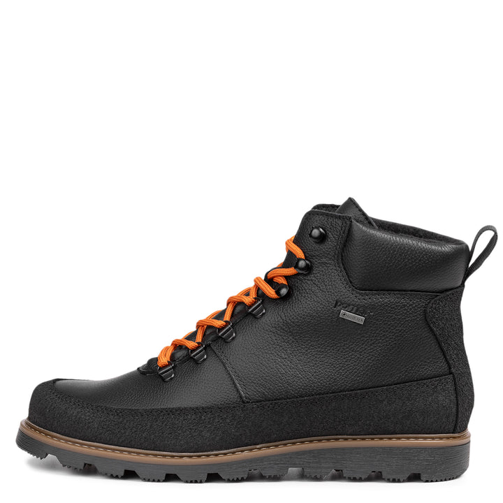 Black hiking boot with orange laces on a white background